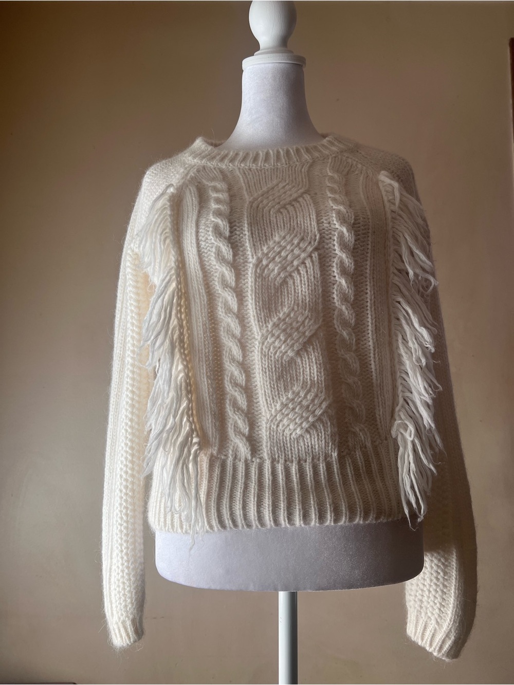 Fringed Cable-Knit Crewneck Sweater in Cream